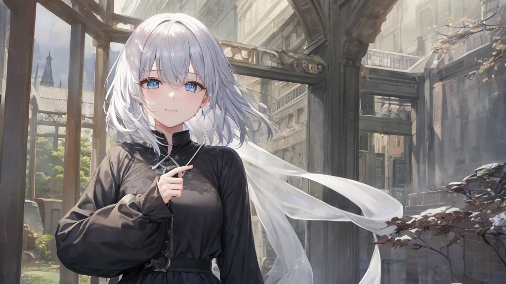 Ultra HD,Look at the viewers, Place your hands behind your back, and, 20-year-old, 非常にshort hair, Long bangs between the eyes, Pale blue eyes, Very detailed,(masterpiece、Highest quality),Gray Hair、Laughter、wonderful, Silver Hair, iris, short hair、 Fluttering Hair、Small face、明るいsmile、(Detailed face) ,Professional Lighting,wonderful風景,blue sky, sunlight,Looking down from above,Portraiture、Open your mouth、Flower Field、Her eyes were shining、Mysterious and enchanting atmosphere。With AI Painting、andてもshort hair, Long bangs between the eyes, Very detailed,(masterpiece、Highest quality)、alone、Gray Hair、Fantasy, Silver Hair, Fantasyな風景、smile、Open your mouth、short hair、short hair、hairpin、black eye、Grey Eyes、Beautiful Eyes、Black Shirt、White hoodie