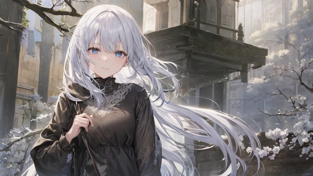 Ultra HD,Look at the viewers, Place your hands behind your back, and, 20-year-old, 非常にshort hair, Long bangs between the eyes, Pale blue eyes, Very detailed,(masterpiece、Highest quality),Gray Hair、Laughter、wonderful, Silver Hair, iris, short hair、 Fluttering Hair、Small face、明るいsmile、(Detailed face) ,Professional Lighting,wonderful風景,blue sky, sunlight,Looking down from above,Portraiture、Open your mouth、Flower Field、Her eyes were shining、Mysterious and enchanting atmosphere。With AI Painting、andてもshort hair, Long bangs between the eyes, Very detailed,(masterpiece、Highest quality)、alone、Gray Hair、Fantasy, Silver Hair, Fantasyな風景、smile、Open your mouth、short hair、short hair、hairpin、black eye、Grey Eyes、Beautiful Eyes、Black Shirt、White hoodie