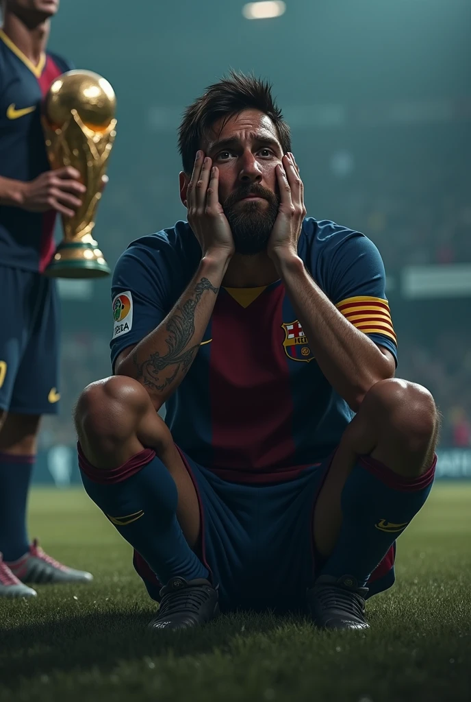 Messi crying, is in depression, In the background is Cristiano with the World Cup and Messi devastated