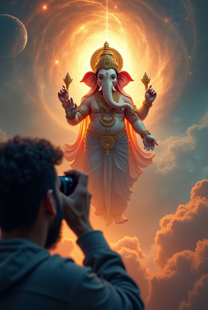 A man with camera  shooting  a ganpati  aagman in space
