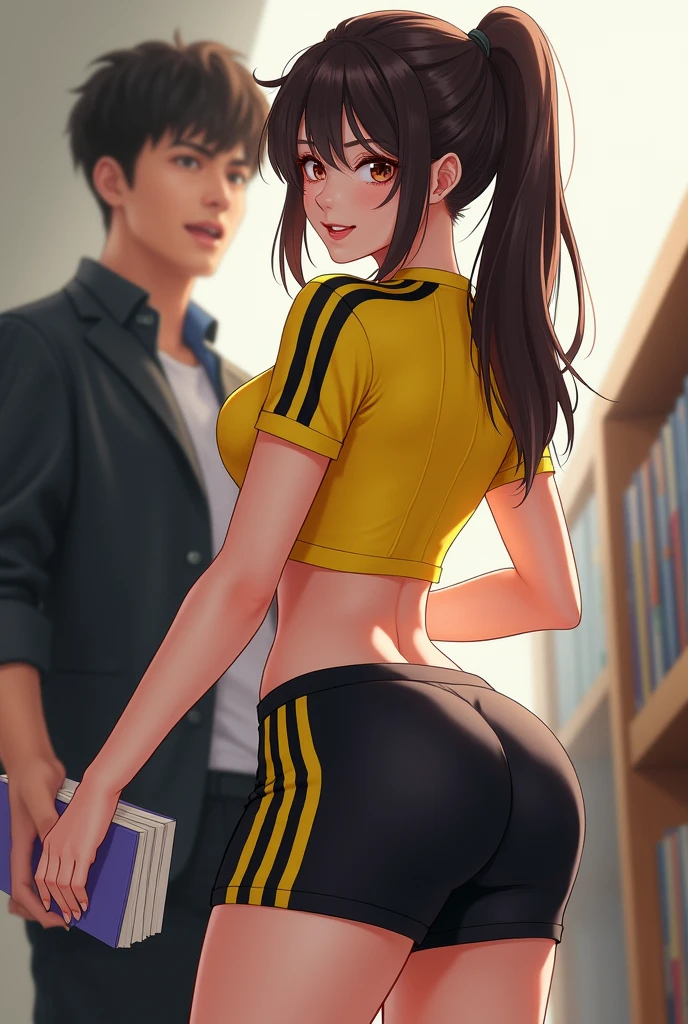 yellow short-sleeved uniform with black stripes on the shoulders and short black mini shorts with yellow stripes on the sides and made of synthetic material and she drops her books and bends down to pick them up and she looks good assed and sexy and a boy looks at her sexily and she looks good assed and sexy and with a big butt seen from behind and looks at the camera with a mischievous smile