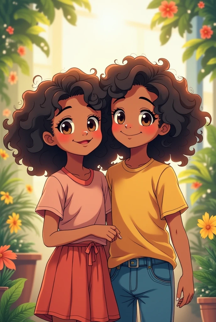 Anime twins panel image. A boy and girl with curly, wavy hair and dark skin, Brown eyes, Both must appear together in a happy and friendly environment.