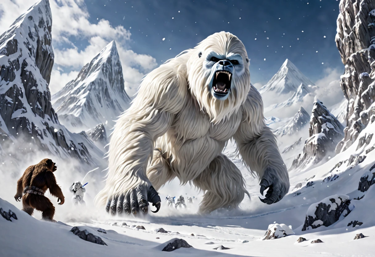 A mighty Wampa (star wars long hair Yeti) is battling a (demon bear) in a snow filled world (hoth), over cast, heavy snow