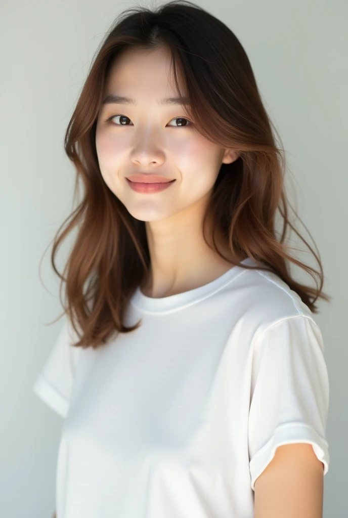 軽めのLayer Styles、human、Transparent woman、young、White T-shirt、Reduces neck volume、Fair-skinned pretty woman、No blunt ends、Layer Styles、Gourd Shape、Body is at an angle、looking at the camera、Tilt your head、
Collarbone-length hair、Brown color、Outline of an inverted triangle、Big eyes、Smile a little