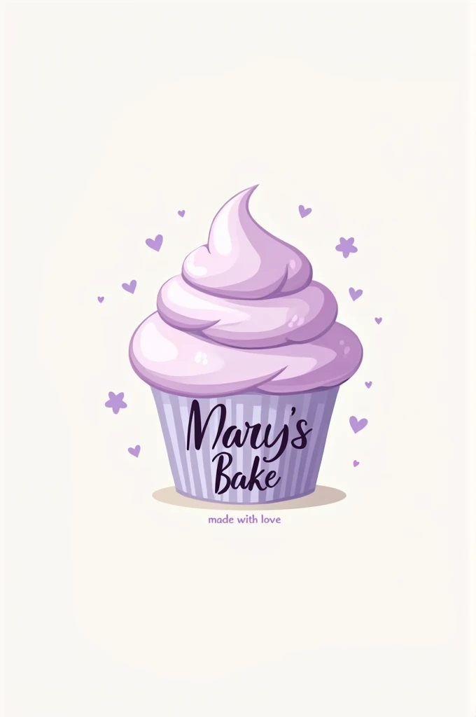 Pastel colored cupcake sales logo, predominating in lilac, where the brand name is italicized, what is "Mary's Bake" and a legend that says "made with love"