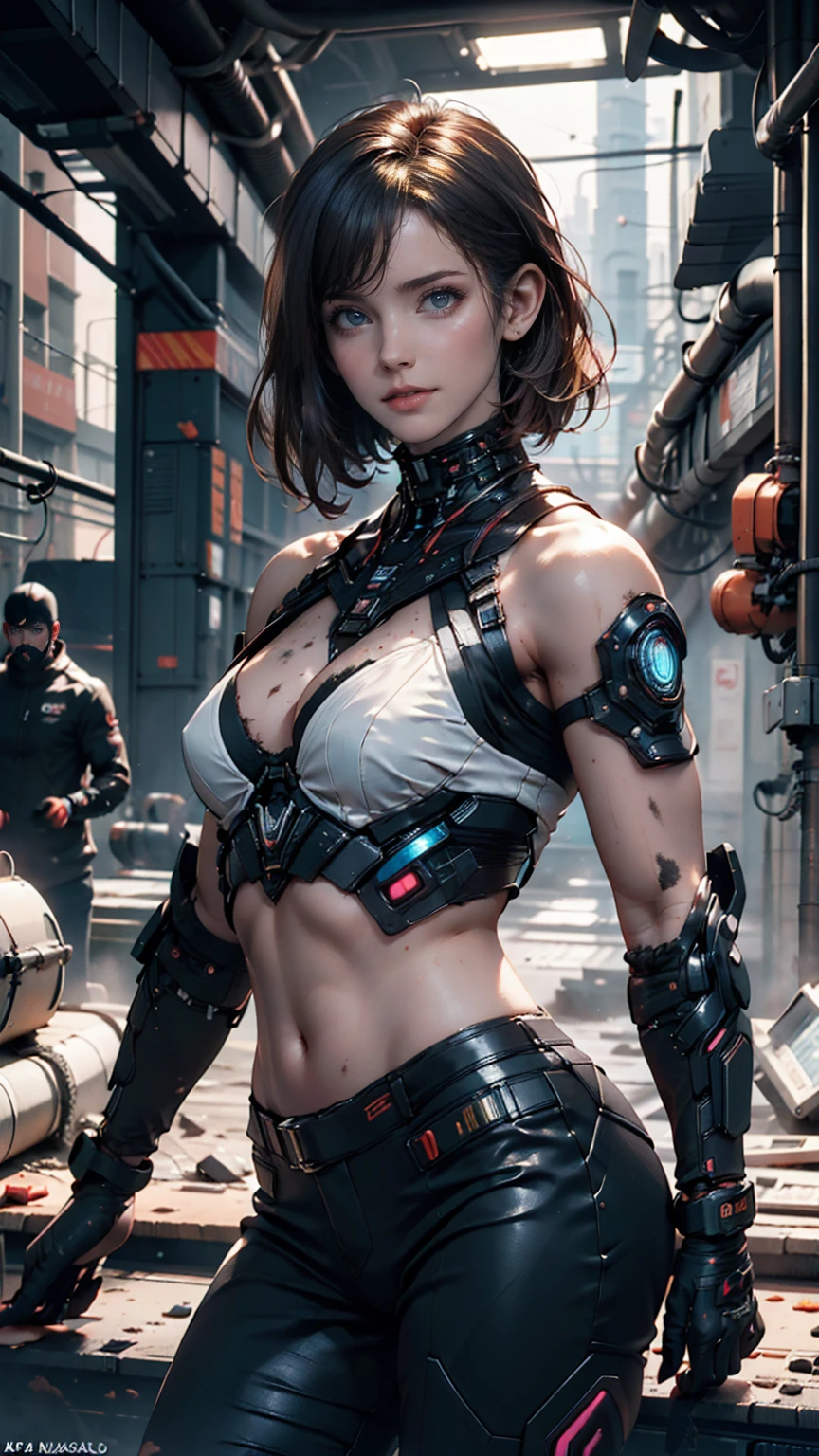 Analog Style, High resolution, (((masterpiece))), Coal miner, woman, (sexy:0.9), dirty, cyber punk, Futuristic, sf, Very detailed, short hair, Award-winning film poster, (((Realistic)))