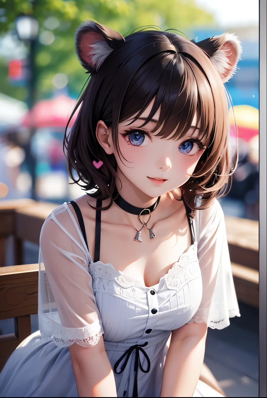 Top quality, highly detailed, UHD, idol, playing at an amusement park, cute and beautiful anthropomorphic koala girl with brown curly bob hair wearing a heart-shaped choker, casual clothes