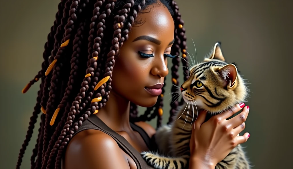 A side view of a stunningly beautiful African American woman with long brown dreadlocks with highlights on the ends, holding her cute cat up to her face looking sexy & sensual, realistic