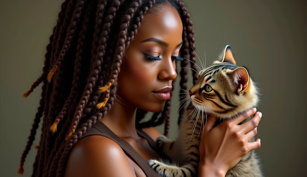 A side view of a stunningly beautiful African American woman with long brown dreadlocks with highlights on the ends, holding her cute cat up to her face looking sexy & sensual, realistic