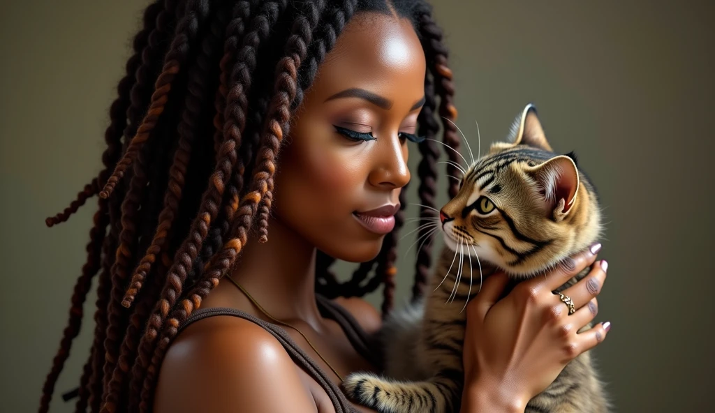 A side view of a stunningly beautiful African American woman with long brown dreadlocks with highlights on the ends, holding her cute cat up to her face looking sexy & sensual, realistic