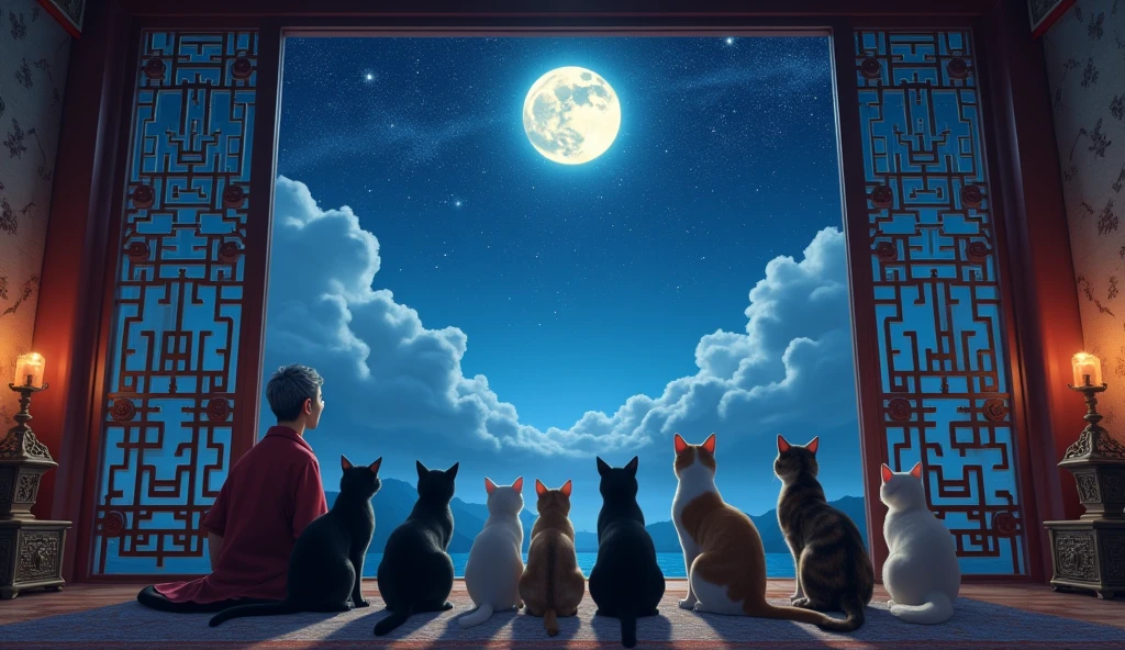 Give me 2 groups of cats of different colors in astral time with their Asian owner, they are inside an ancient Asian temple looking out the window at the beautiful night full of stars and the moon.