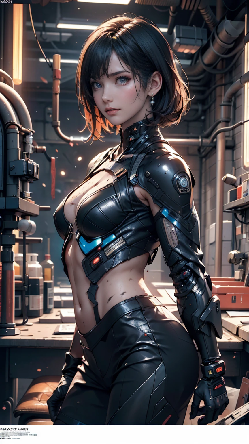 Analog Style, High resolution, (((masterpiece))), Coal miner, woman, (sexy:0.9), dirty, cyber punk, Futuristic, sf, Very detailed, short hair, Award-winning film poster, (((Realistic)))