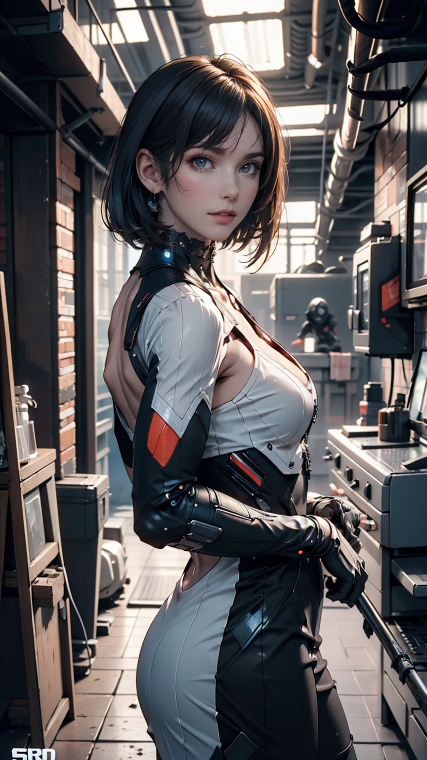 Analog Style, High resolution, (((masterpiece))), Coal miner, woman, (sexy:0.9), dirty, cyber punk, Futuristic, sf, Very detailed, short hair, Award-winning film poster, (((Realistic)))