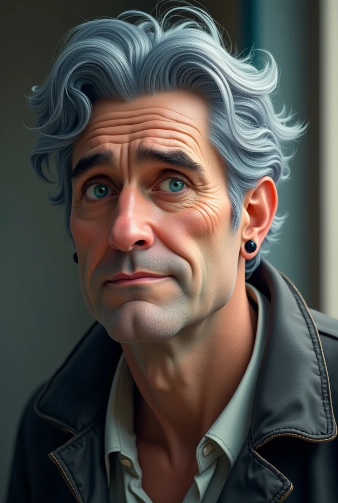man,blue-gray hair,with a few extra kilos,tired look,but kind,2 earrings in one ear,black color,slightly light skin,aqua eyes