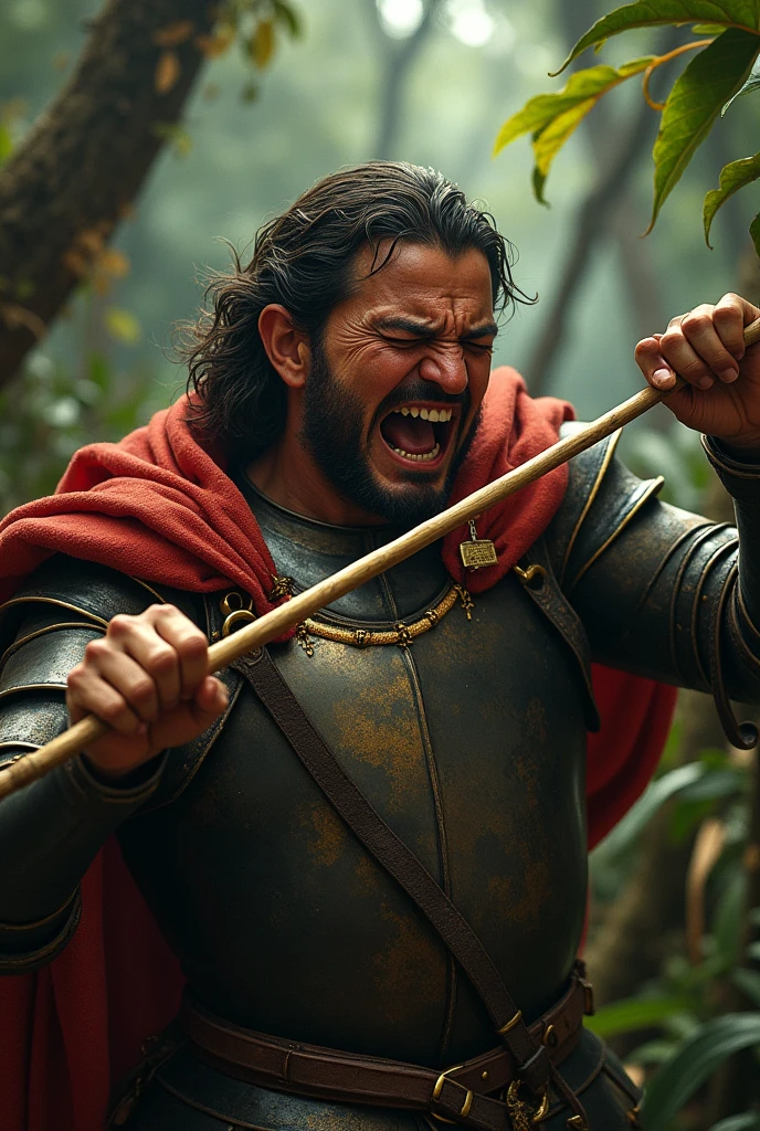 /A historical scene of Juan Ponce de León being struck by an arrow, with a close-up of the arrowhead dripping with the Manchineel tree’s sap.