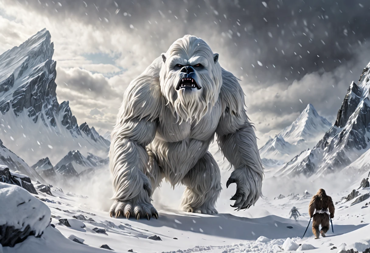 a mighty wampa, star wars, long hair yeti, demon bear, snowy landscape, hoth, overcast, heavy snow, detailed snow, highly detailed, hyperrealistic, cinematic lighting, dramatic composition, epic battle scene, masterpiece