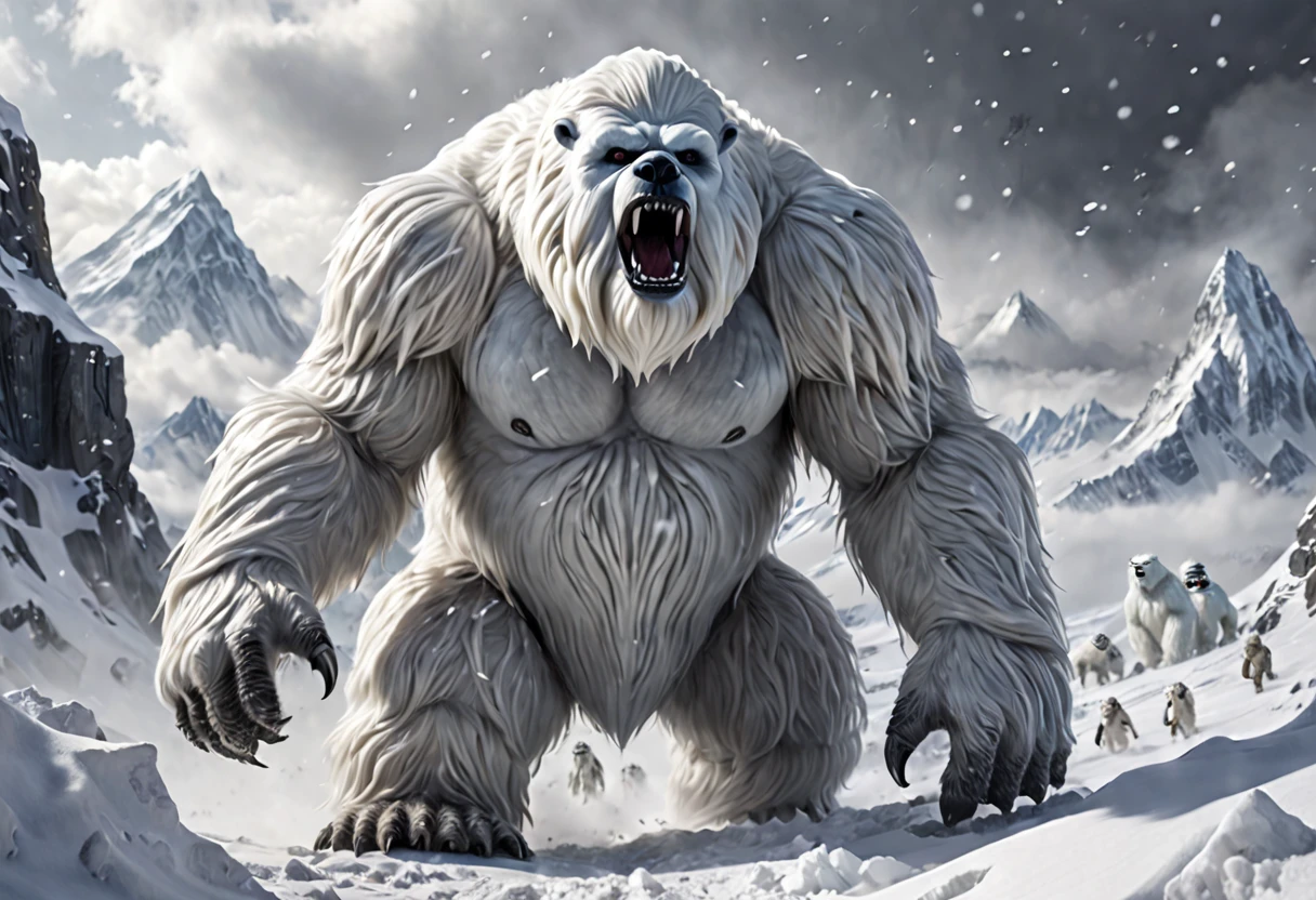 a mighty wampa, star wars, long hair yeti, demon bear, snowy landscape, hoth, overcast, heavy snow, detailed snow, highly detailed, hyperrealistic, cinematic lighting, dramatic composition, epic battle scene, masterpiece