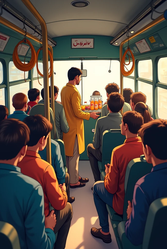 A Pakistani local bus,full with passengers, passengers are sitting on the seats,one conductor is standing nearby bus door, and conductor have a bundle of money in his right hand,one person in comes in bus to selling juice and water bottle.photo from interior side.photo is in 2d animation style