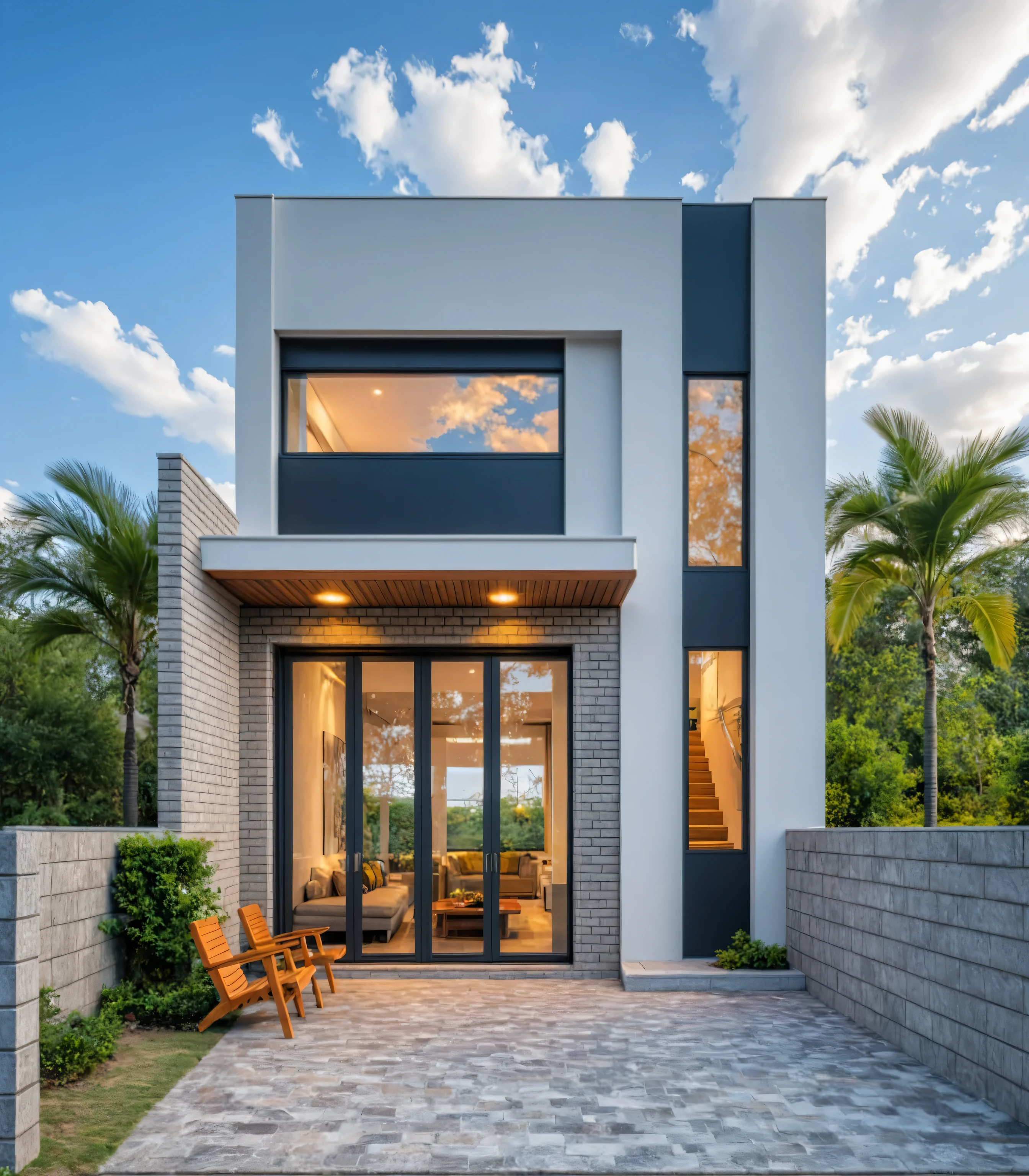 Masterpiece, high quality, best quality, authentic, super detail, outdoors, onestoreyvillaXL, aiaigroup, house style modern on the street ,stairs, white wall ,road,pavement, grass, trees, sky, cloud, (daylight:1.1)