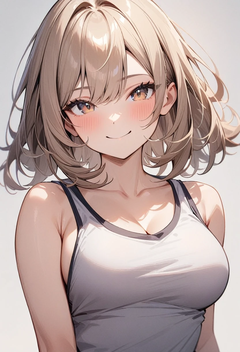 masterpiece, best quality, very aesthetic, absurdres, 1girl, looking at viewer, upper body, medium hair, medium breasts, tank top, smile, simple background