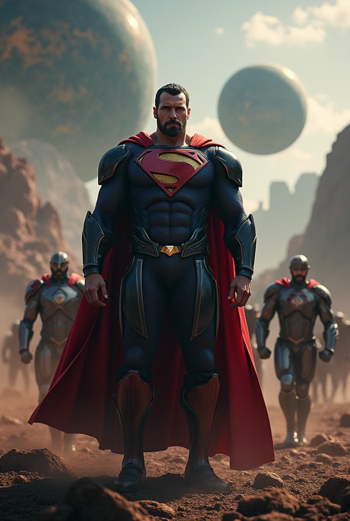 General zod with a mustache and a gotie with his kryptonian army taking over plants