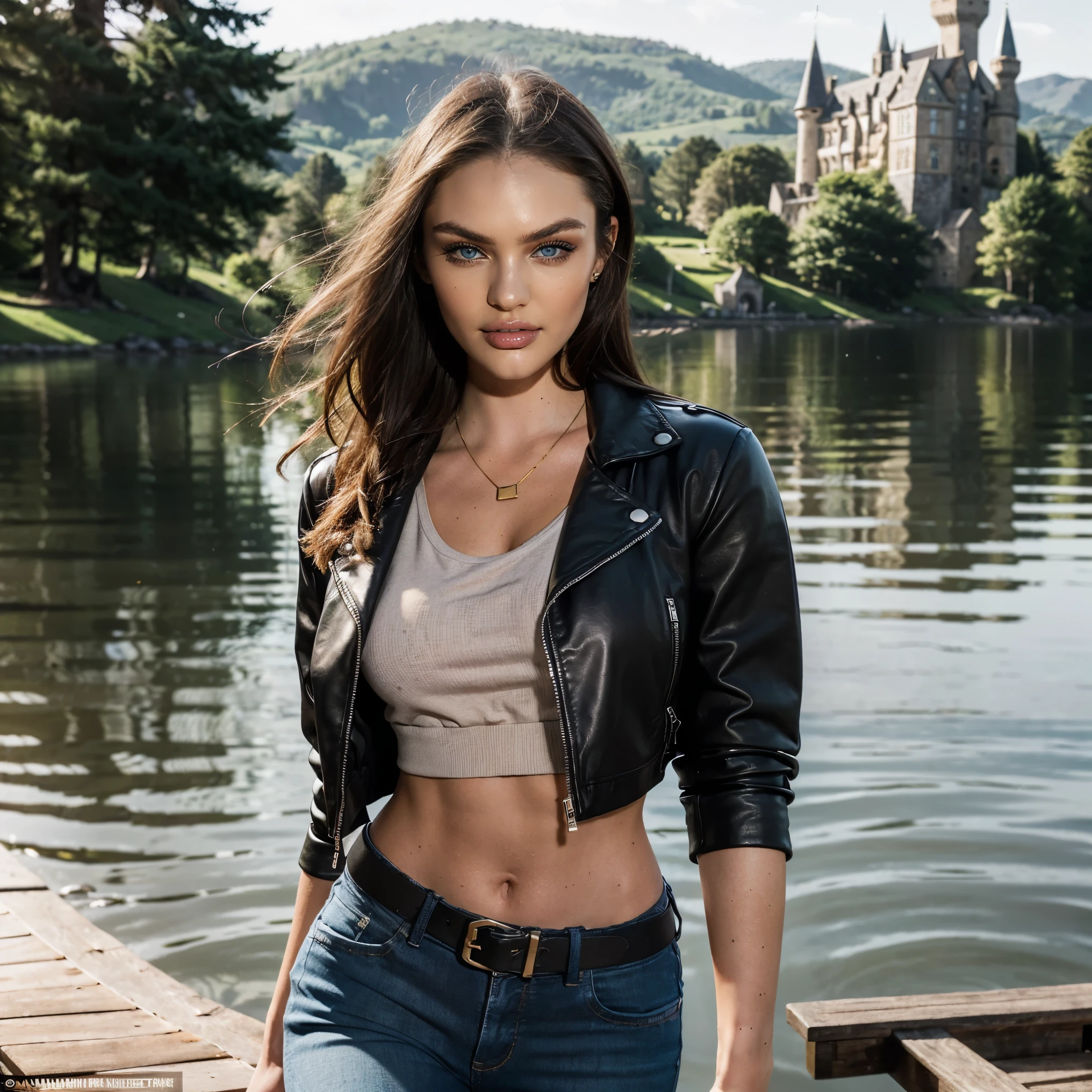 (Best Quality), (ultra-detailliert), (master piece), (hight resolution), 16K resolution, 1 woman, 20 years old, Candice Swanepoel, looking at viewer, close up shot, view from above, sassy smile, radiant smile, seductive, lustful facial expression, confident, (Her outfit includes an open black leather jacket, which is both sleek and contemporary. The jacket's surface is smooth and pristine. It has a modern cut, emphasizing her slender figure and adding a sharp, stylish element to her attire.) wears white tanktop beneath the leather jacket, golden necklace, tight blue jeans, tight-fitting belt with golden buckle, ((blue eyes, detailed eyes)), blond hair, long wavy hair, (beautiful and detailed face), slender waist, thin body, narrow shoulders, clean sunbuthed skin,  The scene is set on the wooden dock extending over the calm lake, with Hogwarts castle visible in the distance atop a dominant hill. The surrounding environment features a lush forest bordering the gravel path that leads from the dock to the castle. Hogwarts castle, wooden dock, tranquil lake, steep hill, lush forest, gravel path.