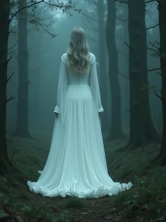 The Witch Appears: Tall, Ghostly woman in a long white dress, in the woods
