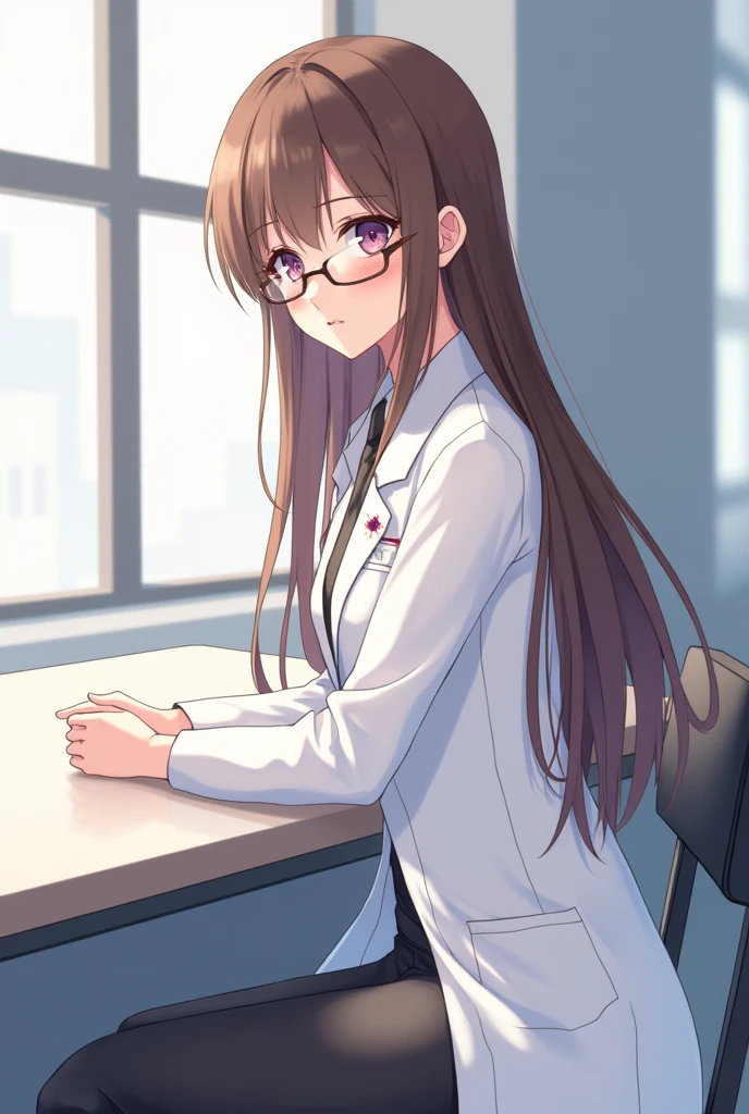 anime character of a woman in a lab coat and glasses, (hair swept bangs:1.3), (long brown hair:1.3), sitting beside a window with table, with a lab coat, wearing lab coat and a blouse, doctor, wearing a labcoat, full body illustration, anime style, from girls frontline, fine details. girls frontline, girls frontline universe, girls frontline style, girls frontline, girls frontline cg, soft anime illustration, 2 0 2 2 anime style, 2022 anime style, pixiv contest winner, pretty anime character design, render of april