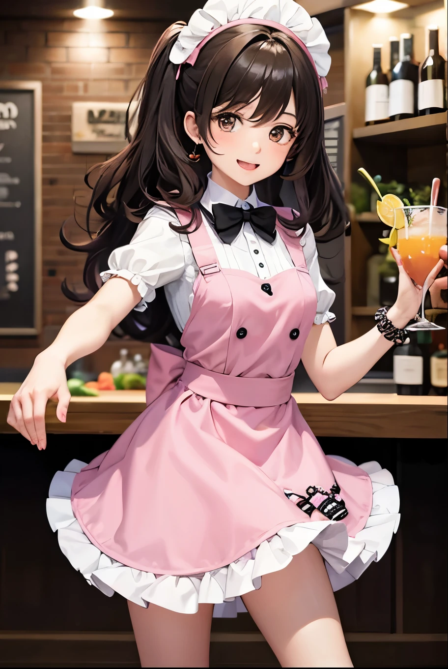 Cute short curly brown hair anime koala girl wearing black and pink maid uniform. Smiling with open mouth and holding a tray of pink cocktail drinks in a bar setting. Full body portrait, long legs, brown dyed hair. At the bar counter.