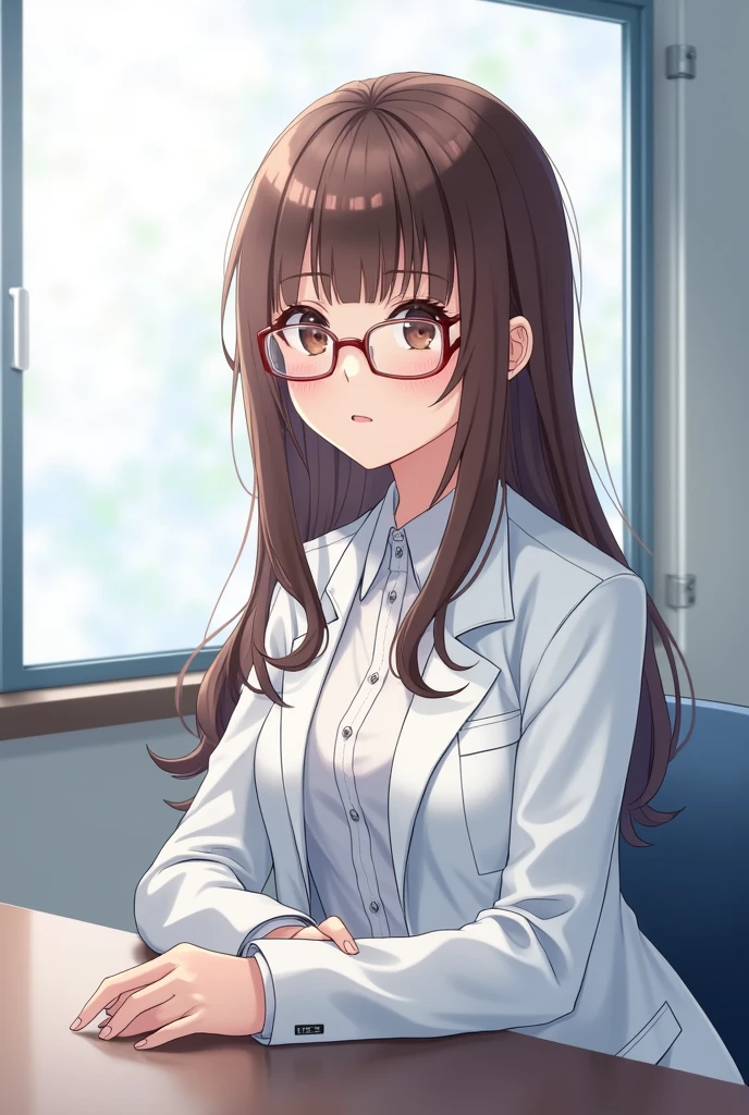 anime character of a woman in a lab coat and glasses, (hair swept bangs:1.3), (long brown hair:1.3), sitting beside a window with table, with a lab coat, wearing lab coat and a blouse, doctor, wearing a labcoat, full body illustration, anime style, from girls frontline, fine details. girls frontline, girls frontline universe, girls frontline style, girls frontline, girls frontline cg, soft anime illustration, 2 0 2 2 anime style, 2022 anime style, pixiv contest winner, pretty anime character design, render of april