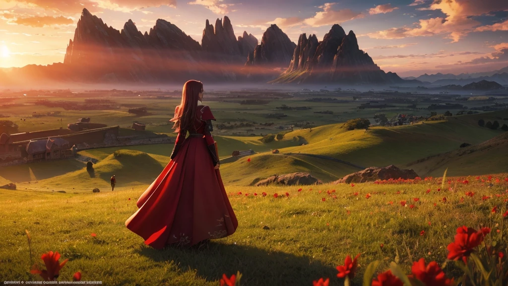 A woman in a red dress and a red cloak is standing in a field,The sky is sunset,Fantastic,Complex and gorgeous anime CGI style, Anime fantasy artwork, Anime Art Wallpapers 8K, Anime fantasy illustration, Artjam and Athi Gairan, Gwaiz, 2. 5 d cgi Anime fantasy artwork, Anime Epic Artwork, edelgard fire emblem,By Akihiko Yoshida