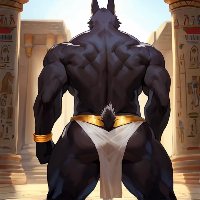 (perfectly detailed anatomy, Best Quality, masterpiece), Alone, jackal, black fur, Anubis, loincloth, bulk, skinny muscle, kemono, 1male, short tail, in the ancient Egyptian castle, walking, By bebebebebe, by k0bit0wani showing a giant naked ass, big anal hole, uncovered anus, fluids, testicles and penis in view, Bodybuilder Pose