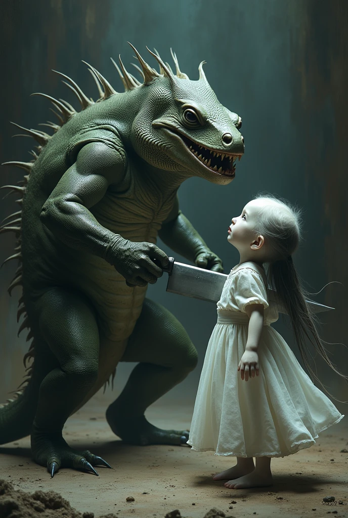 A humanoid iguana giving a machete blow to a white half-demon girl with black eyes .Exe 