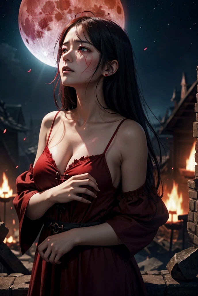 Satanic、despair、Devastation、natural disaster、middle ages、Red full moon、A woman looks up to the sky and sheds tears of blood、Place your hand on your chest、Sad look、Fluffy camisole、Fantasy