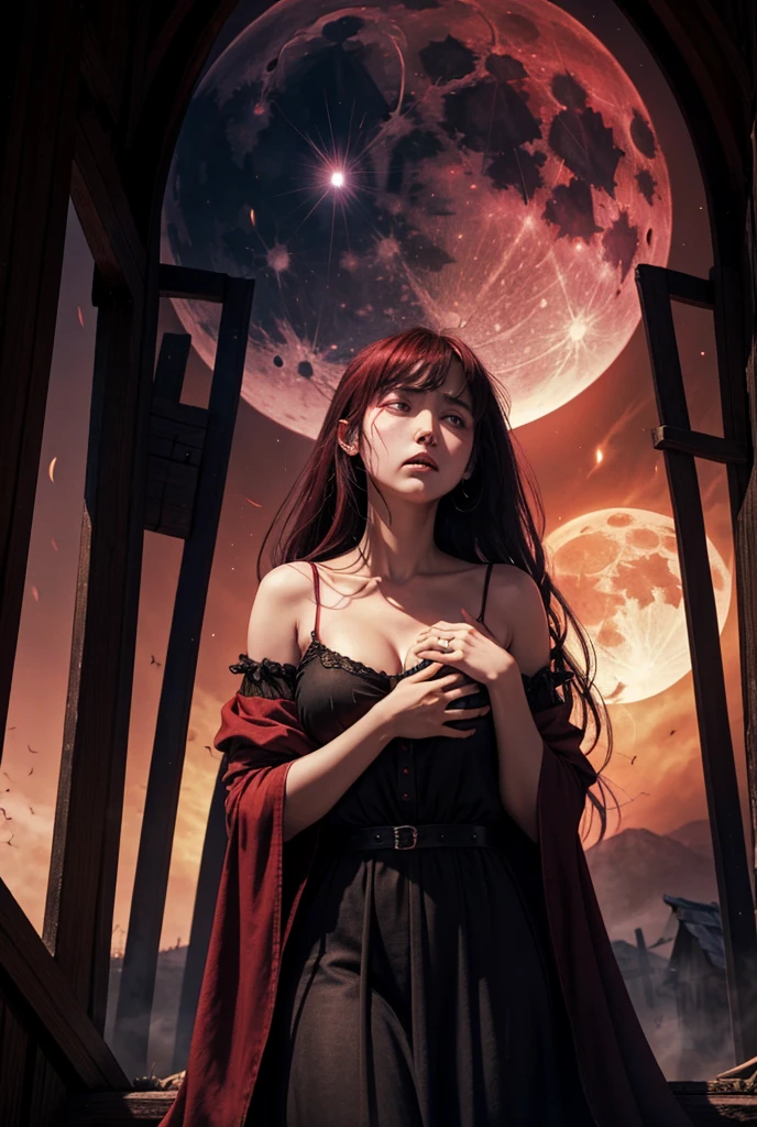 Satanic、despair、Devastation、natural disaster、middle ages、Red full moon、A woman looks up to the sky and sheds tears of blood、Place your hand on your chest、Sad look、Fluffy camisole、Fantasy