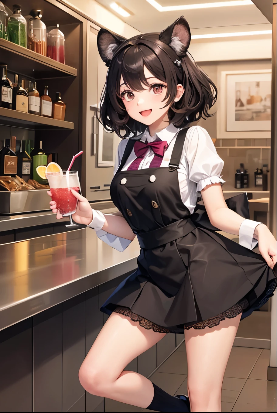 Cute short curly brown hair anime koala girl wearing black and pink maid uniform. Smiling with open mouth and holding a tray of pink cocktail drinks in a bar setting. Full body portrait, long legs, brown dyed hair. At the bar counter.