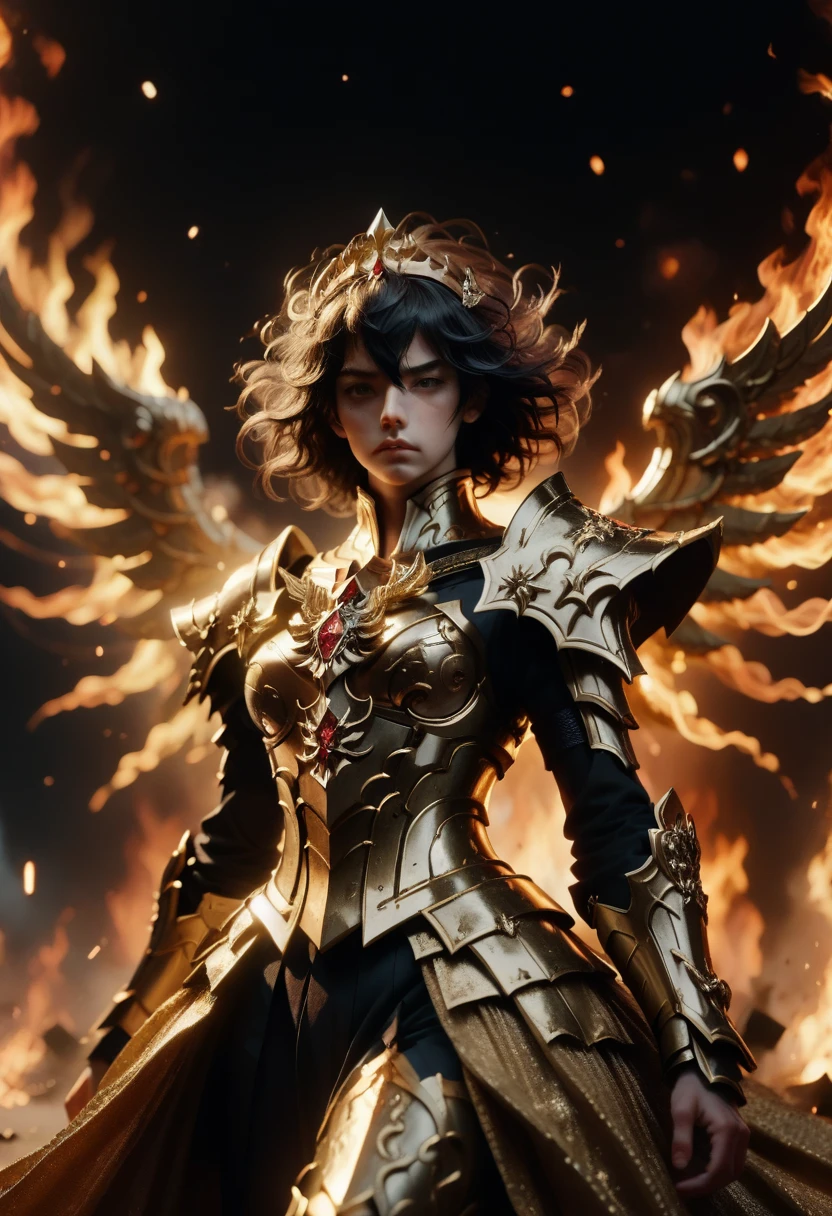 (Masterpiece), (Best Quality), (1 Girl), Girl in Golden Armor, Cool Pose, Battlefield Background, Fire Background, Saint Seiya Armor, Messy Hair, Broken Armor, Ragged Clothes