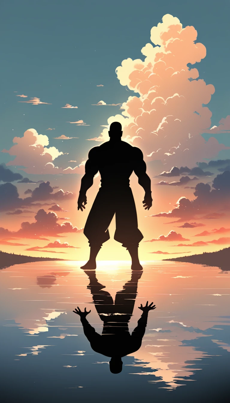 Two Strong Buddhist muscular man stands in the smoke, Two Man，Black jumpsuit, Very tight, Silhouette effect, Tall muscular man, Priapus, Dark Black, Dark black skin, Buzz Cut, His muscles are very developed, Very tall, short hair, Blend into the smoke, Lake, Reflection, Sunset, Sunset, Man silhouette, Chinese, black and white, Simple style