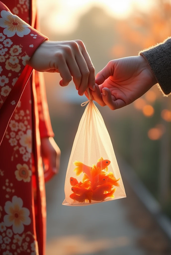 The “hand” of a woman wearing a yukata (only the sleeve and hand are visible) Holding a bag of goldfish and handing it to another person (the other person's hand is visible) But the other party's hand had not yet reached the goldfish bag Side view