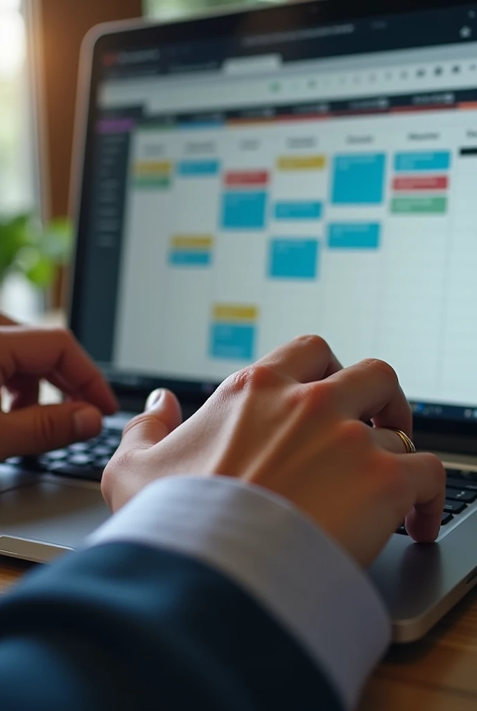 A close-up of a social media manager's hands working on a laptop with a content calendar open, planning posts, and scheduling updates across multiple platforms