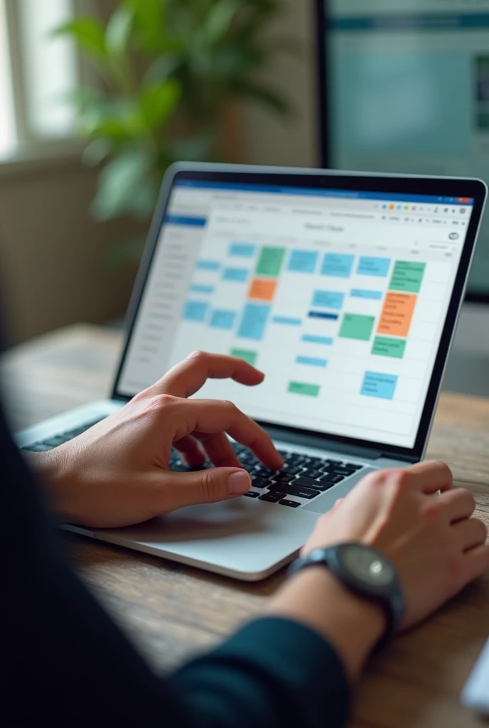 A close-up of a social media manager's hands working on a laptop with a content calendar open, planning posts, and scheduling updates across multiple platforms