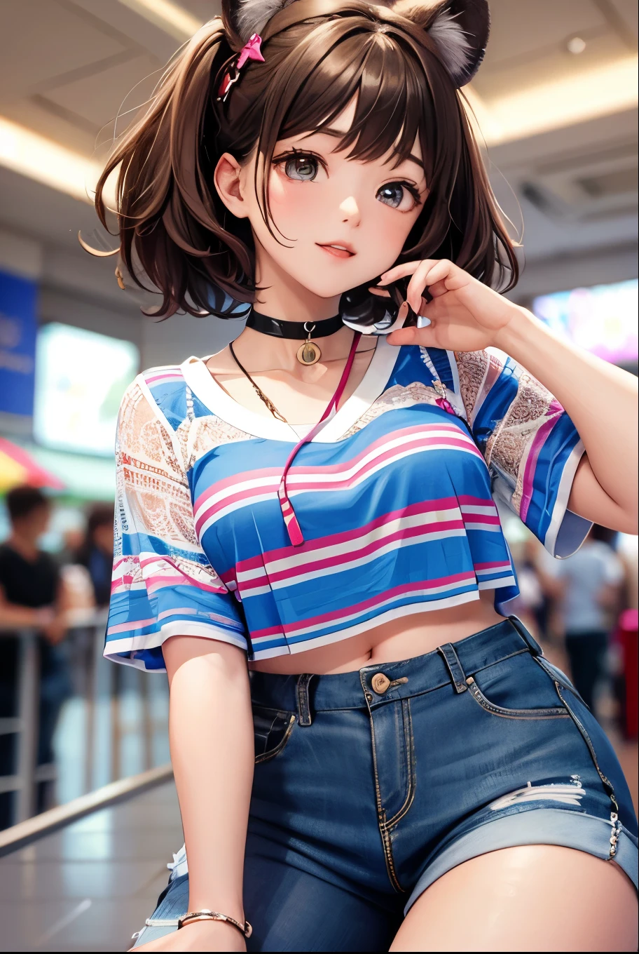 Top quality, highly detailed, UHD, idol, playing at an amusement park, cute and beautiful anthropomorphic koala girl with brown curly bob hair wearing a heart-shaped choker, casual clothes