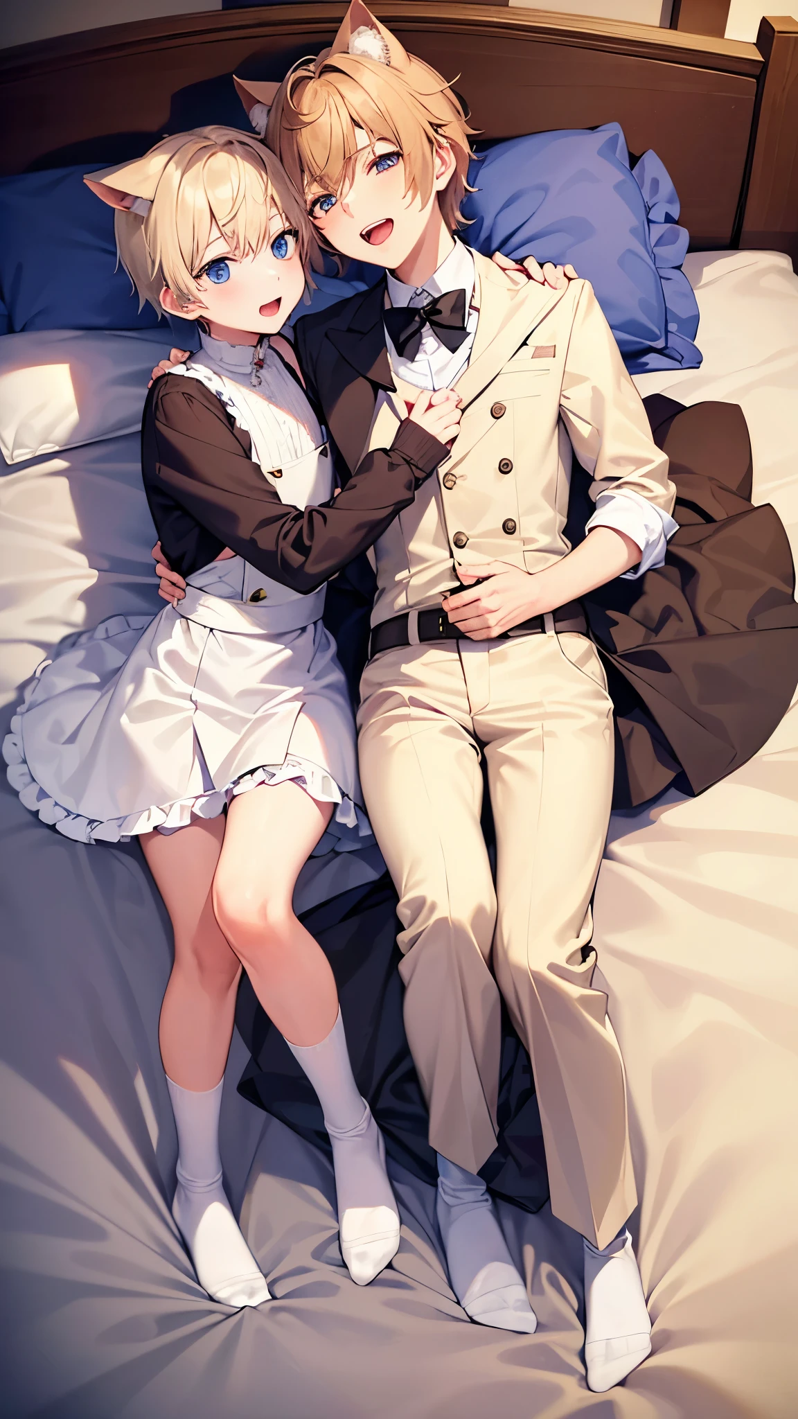 2boy、Brown-haired boy、Light blonde、Yaoi、Close-up of a yaoi face、Open your mouth、Castle Room、bed、bl、Short Hairstyles、Cat ear、Yaoi、Garter Socks