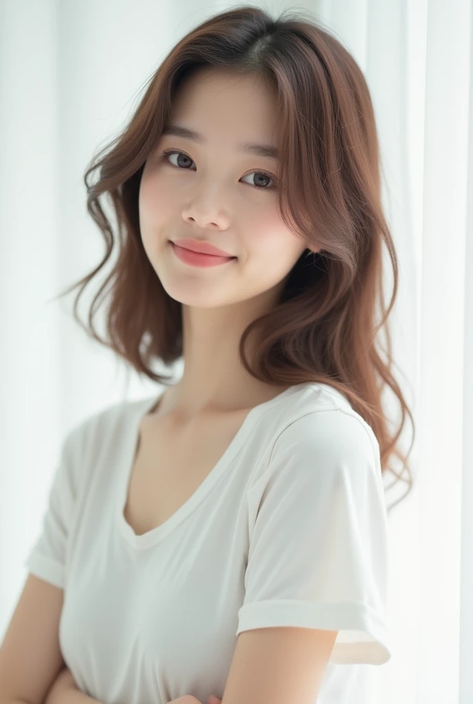 軽めのLayer Styles、human、Transparent woman、young、White T-shirt、Reduces neck volume、Fair-skinned pretty woman、No blunt ends、Layer Styles、Gourd Shape、Body is at an angle、looking at the camera、Tilt your head、
Collarbone-length hair、Brown color、Outline of an inverted triangle、Big eyes、Smile a little