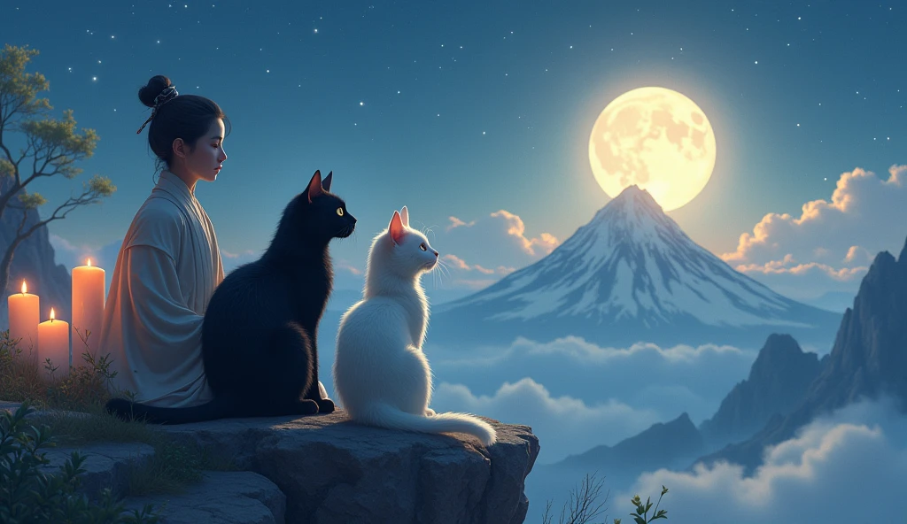 Give me two cats of different colors in astral time with their Asian owner, they are on top of a mountain looking at the moon and with candles on the side and a statue of Buddha