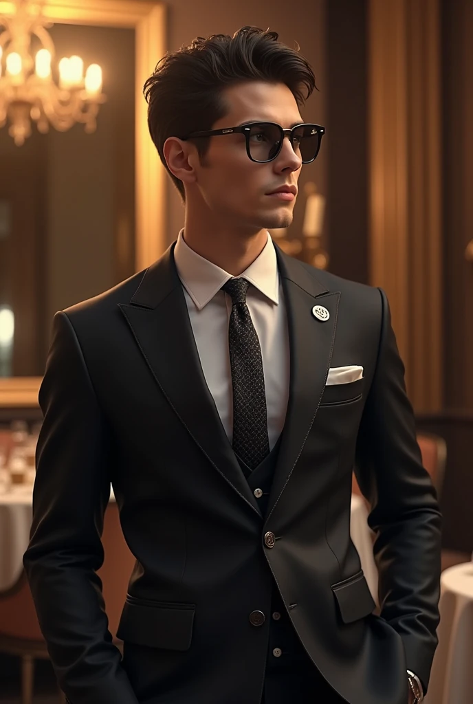 A 19 year boy with vip suit with glass
