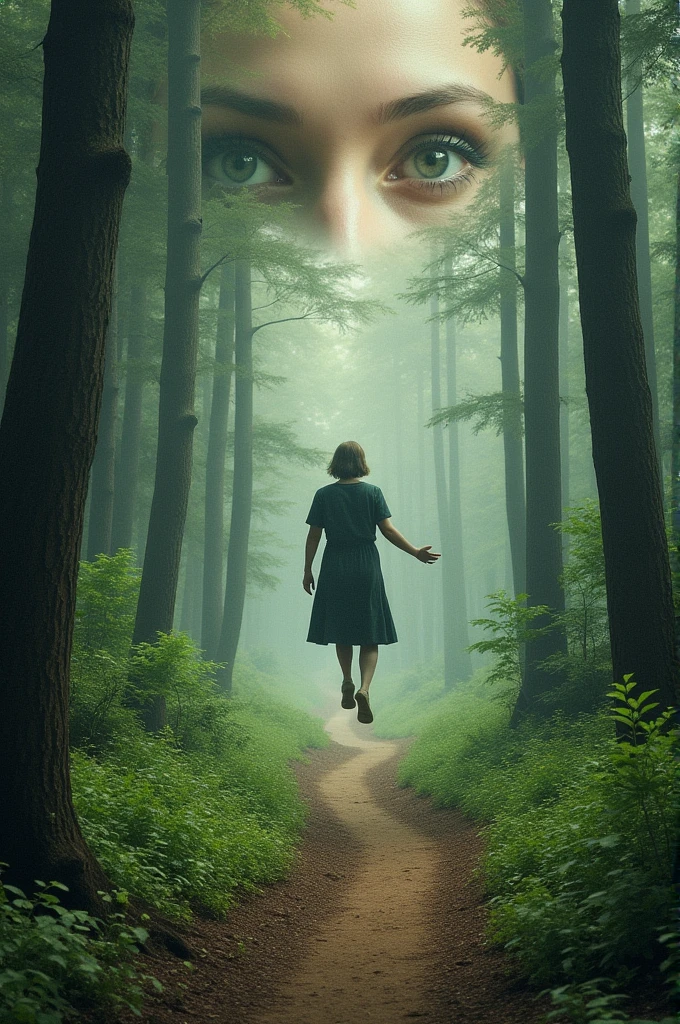Create a path in a forest where there is a levitating person, with a woman's eyes in the background, that they observe it, that the image is half spatial