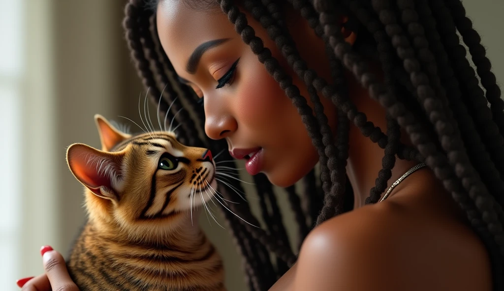A side view of a stunningly beautiful African American woman with long brown dreadlocks with highlights on the ends, holding her cute cat up to her face looking sexy & sensual, realistic, photorealistic
