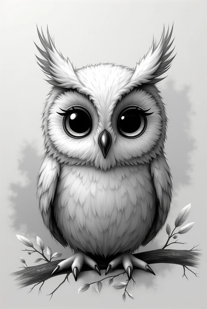 monochrome, pencil drawing, cute owl, shading, shadows, contrast, conceptual installation art, 2.5D, delicate and dynamic effects, iridescent effects, artistic, hyper, graphic CG digital art, (anime, manga, cartoon, illustration)-style