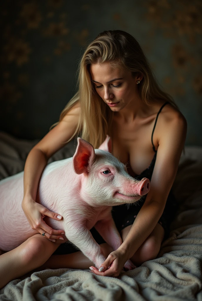 Beautiful girl having a sex with a pig
